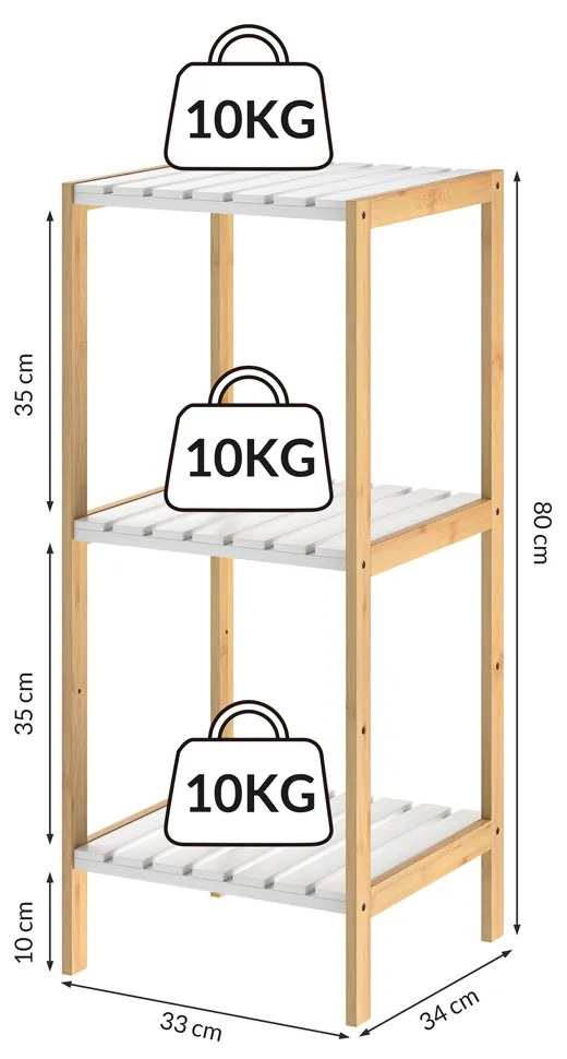 Casaria® Bambusz polc 80x33x34cm - fehér