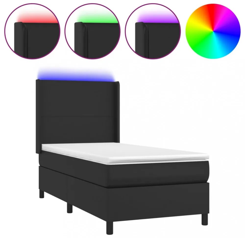 fekete műbőr rugós ágy matraccal és LED-del 90x200 cm