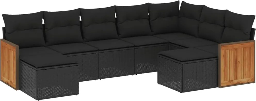 vidaXL 9 részes fekete polyrattan kerti ülőgarnitúra párnákkal
