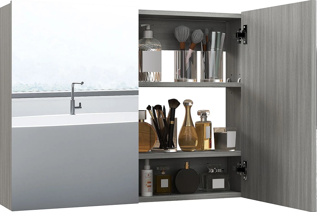 HOMCOM fali tükrös fürdőszobai szekrény, 80 x 15 x 60 cm, dupla ajtó, állítható polcok, szürke | Aosom