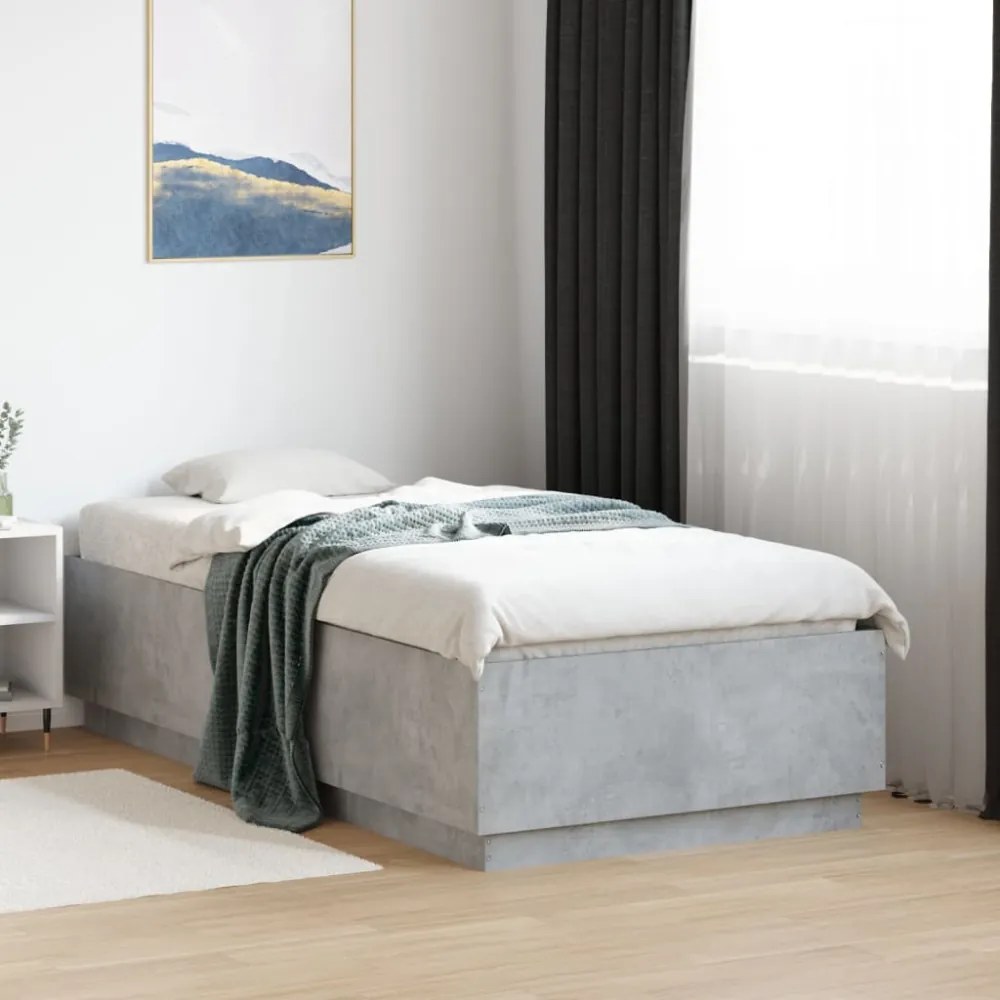 betonszürke szerelt fa ágykeret LED-del 90 x 190 cm