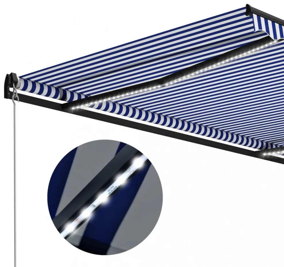 kék és fehér kézzel kihúzható LED-es napellenző 300 x 250 cm