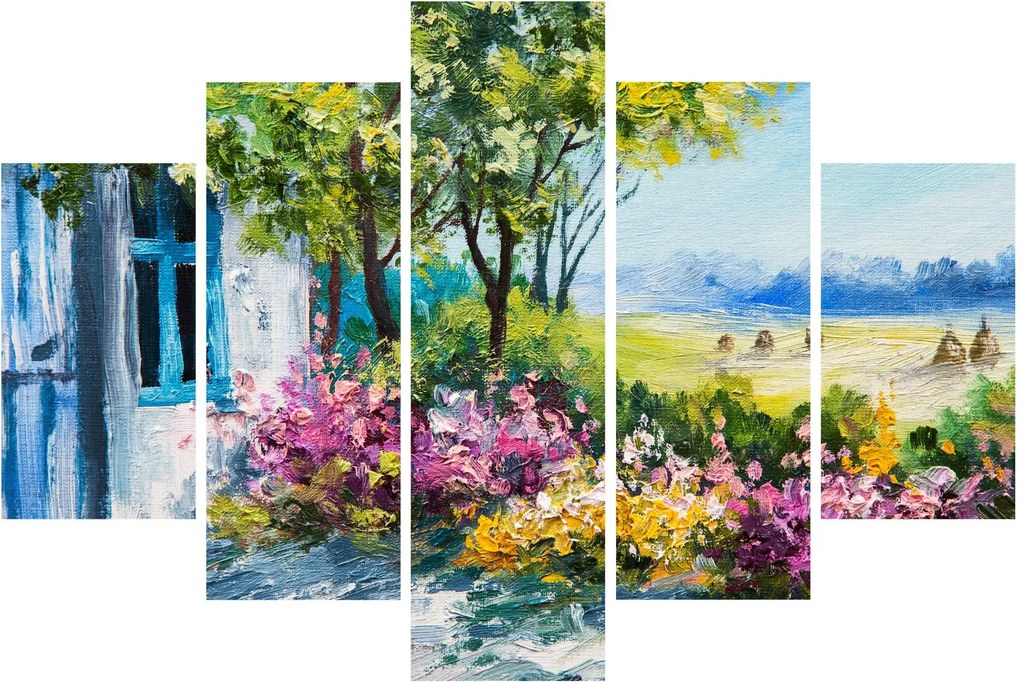 Kép a ház előtti kertről, olajfestmény (150x105 cm)