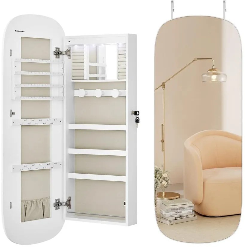 SONGMICS LED-es tükör ékszertárolóval 10×42×108 cm, fehér