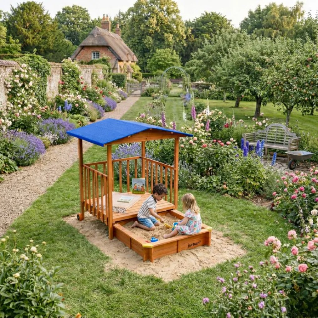 SUNNY verandás homokozó, 130x130x143cm, barna/kék Jurhan