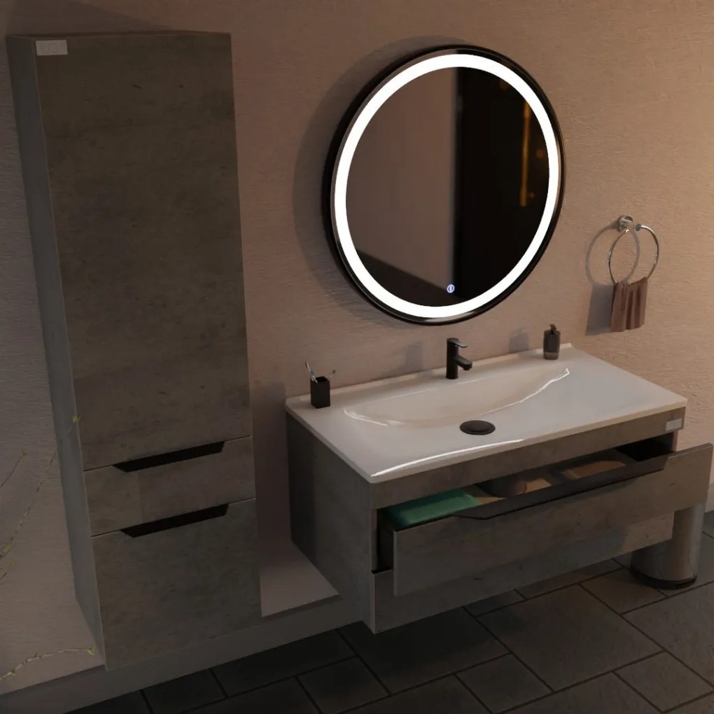 TMP IRON fürdőszoba tükör - FEKETE keret - kerek - LED világítással - érintésmentes kapcsoló - 70 cm