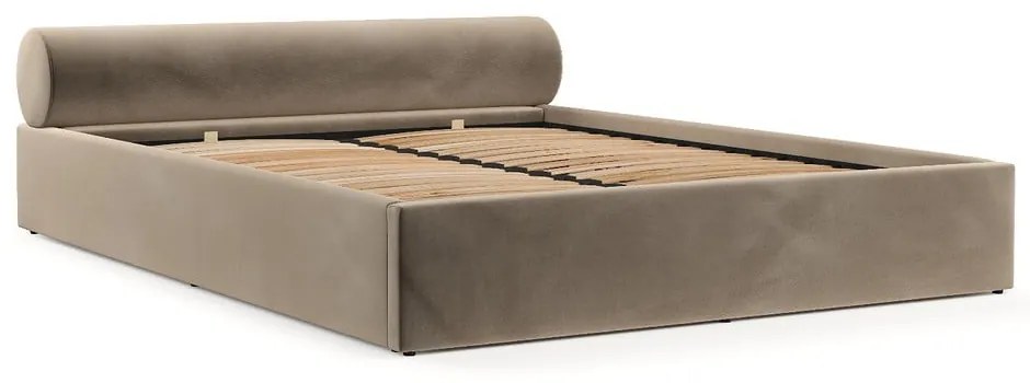 Világosbarna kárpitozott ágyneműtartós franciaágy ágyráccsal 200x200 cm Solvo – Maison de Rêve