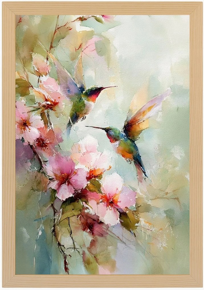 Poszter Keret Fa Akvarell Természet Virágok Madár Kolibri Boho 40x60