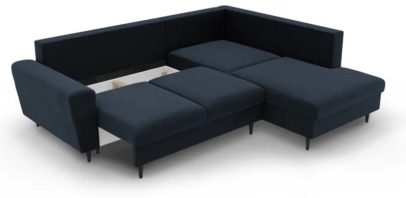 Sötétkék bársony kinyitható tárolóhelyes sarokkanapé (jobb oldali-L alakú) Kyoto – Cosmopolitan Design