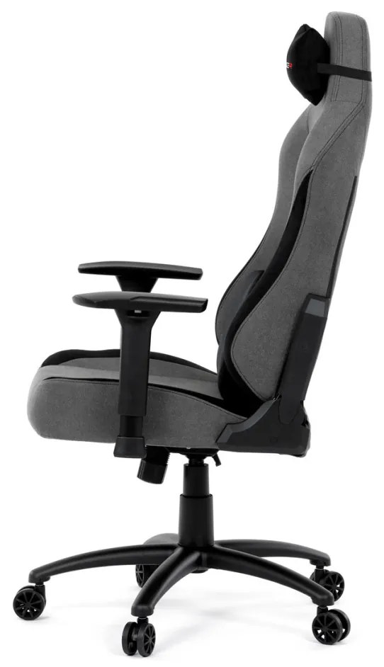 Scaun pivotant pentru gamer, țesătură gri, structură balansoar, poziționare spătar 90°-180°, cotiere 3D, spumă cu memorie și perne