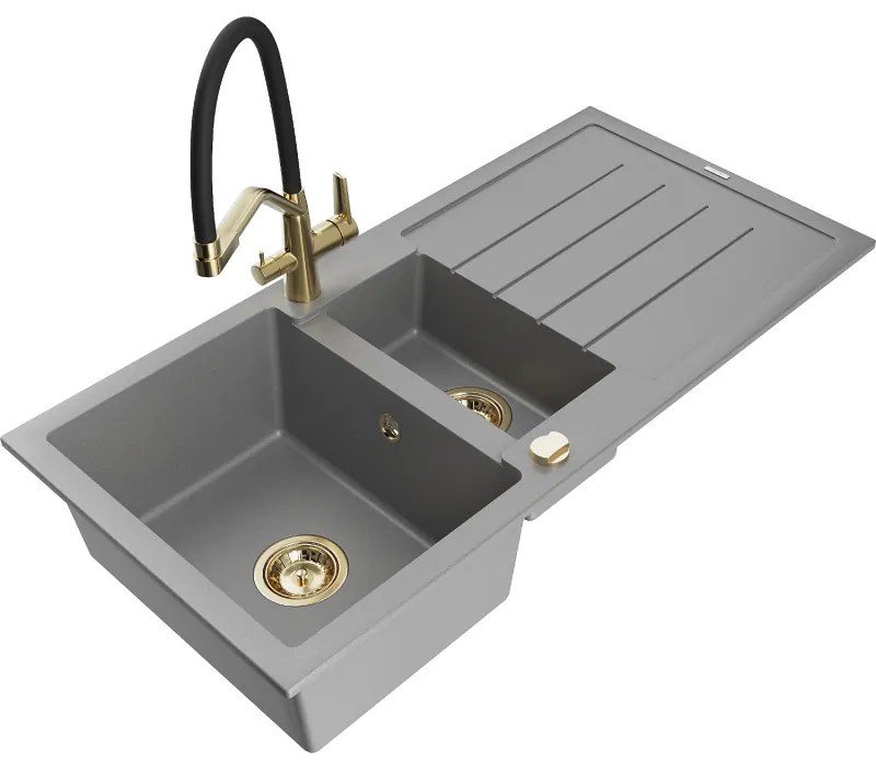Mexen Andres 1,5 rekeszes gránit mosogató csepegtetőtállal és Duo konyhai csapteleppel, szürke - 6515-71-671701-57-G