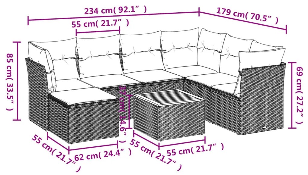 8 részes fekete polyrattan kerti ülőgarnitúra párnákkal