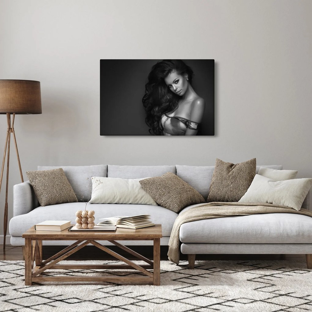Kép - fekete, fehér, portré, közül, csábító, nő (90x60 cm)