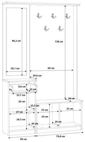 KAVI előszobafal tükörrel, artisan tölgy