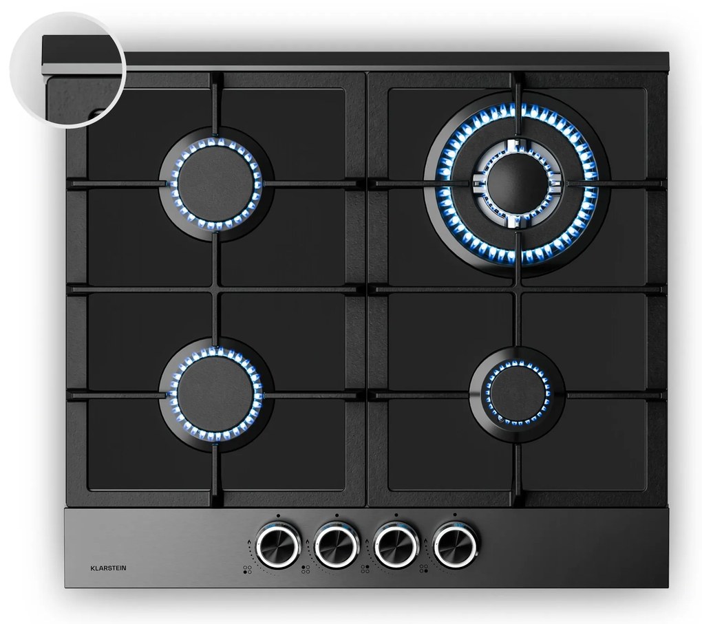Klarstein Verosteel gázfőzőlap, 4 égős, elektromos gyújtás, földgázzal és LPG-vel kompatibilis, 8000 W, 60cm