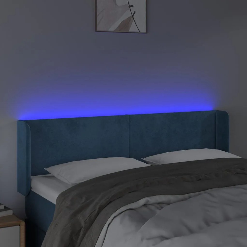 sötétkék bársony LED-es fejtámla 147 x 16 x 78/88 cm