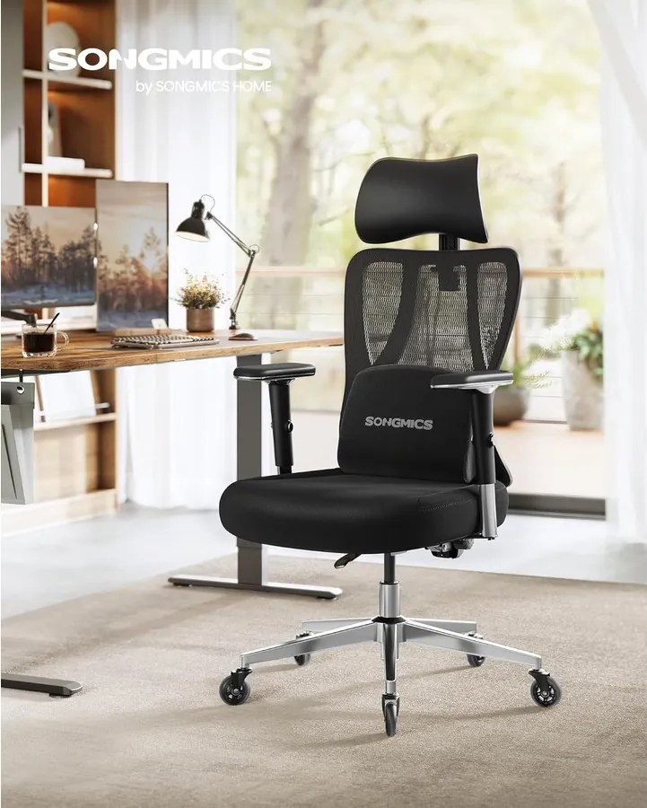 SONGMICS ergonomikus irodai szék állítható derék- és fejtámlával, max. 150 kg terhelhetőség, fekete