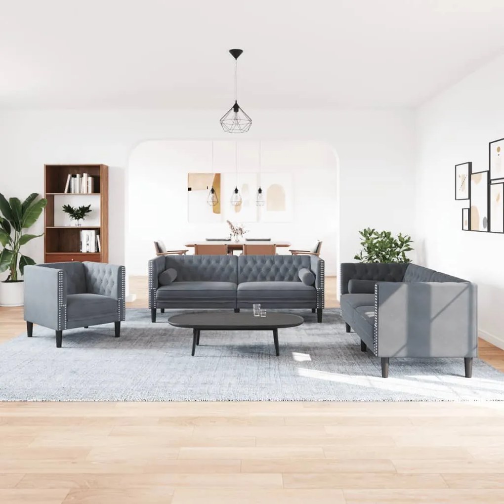 3 részes sötétszürke bársony Chesterfield kanapészett párnákkal