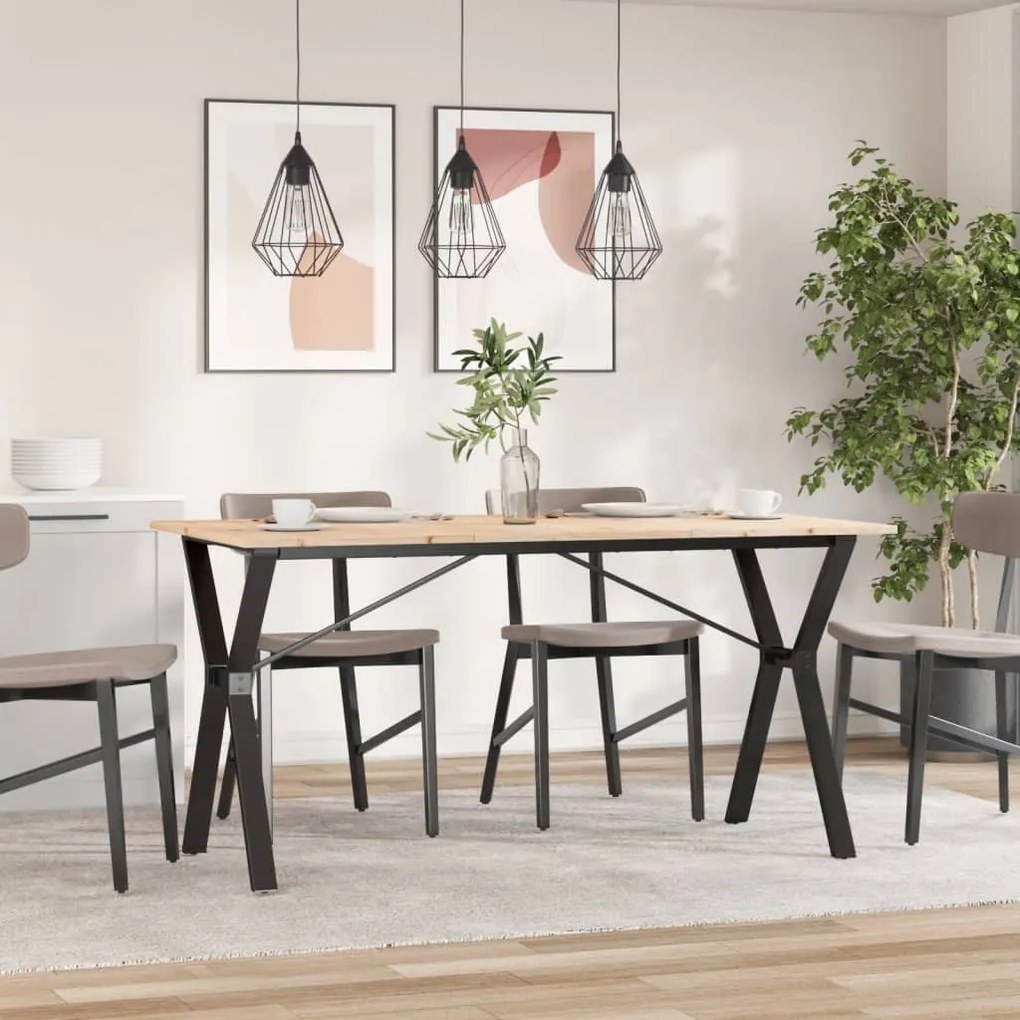 Tömör fenyőfa és acél étkezőasztal Y-vázzal 160x80x75 cm