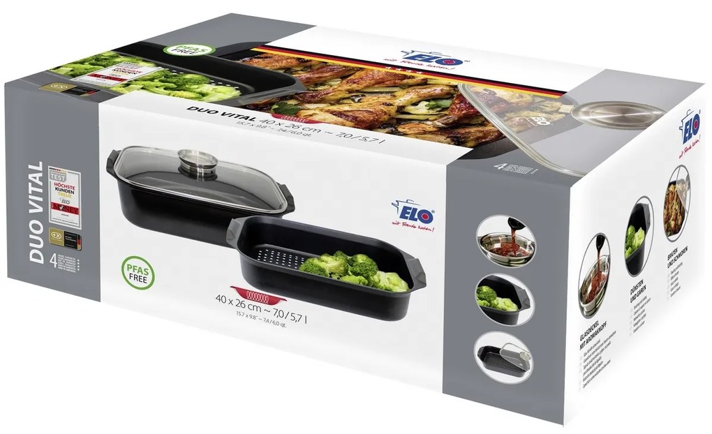 Elo 89940 Sütőedény üvegfedővel és aromásfogantyúval Duo Vital 40 x 26 cm