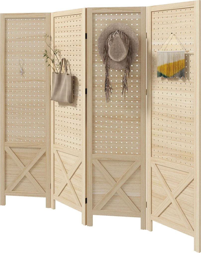 HOMCOM 4 Panel Szobaelválasztó Képernyő 152x1.7x144.5 cm Összecsukható Szobaelválasztó Fa Adott Fogasokkal Iroda Hálószoba Nappali Természetes | Aosom