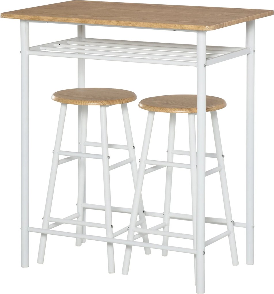 HOMCOM Bárasztal Szett 2 Stílussal Bárasztallal és 2 Bárszékkel - Konyhai Asztal Tároló Polccal, Fehér | Aosom