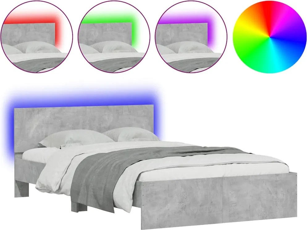 vidaXL betonszürke ágykeret fejtámlával és LED-del 140x190 cm