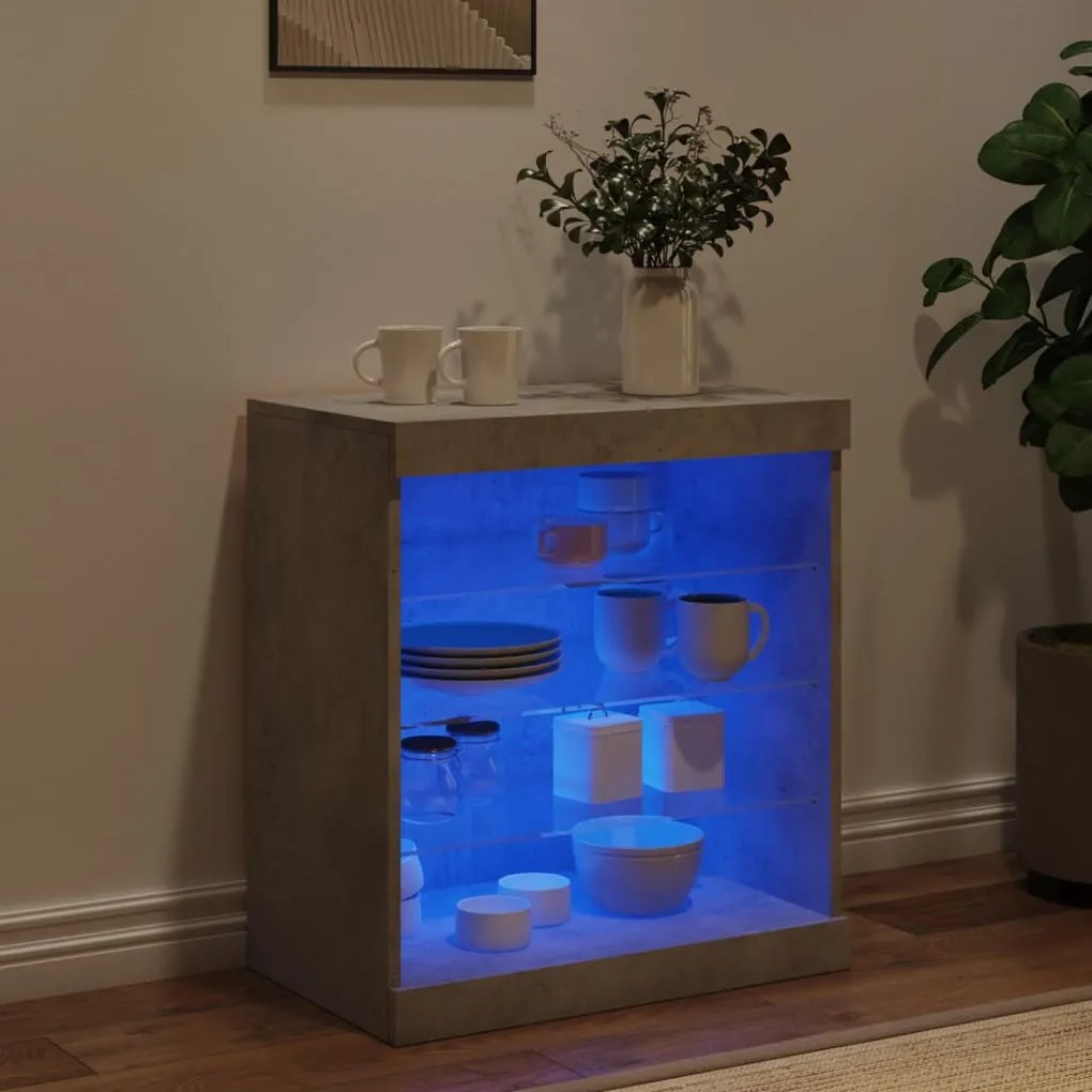 betonszürke tálalószekrény LED-világítással 60,5 x 37 x 67 cm