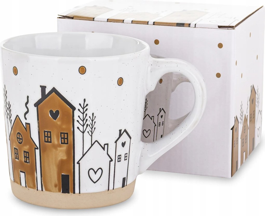 Kerámia bögre 460 ml kő fehér nagy házikó motívum díszdoboz