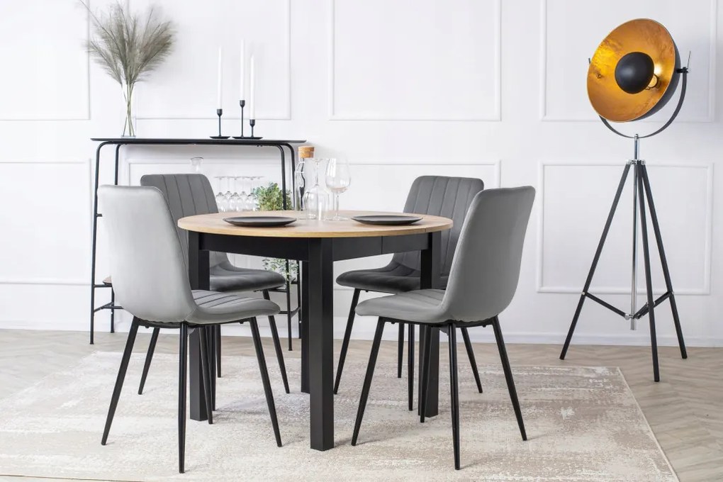 Étkezőgarnitúra: bővíthető asztal 102–142 cm + 4 db szürke velúr szék – HARRY / IBIS