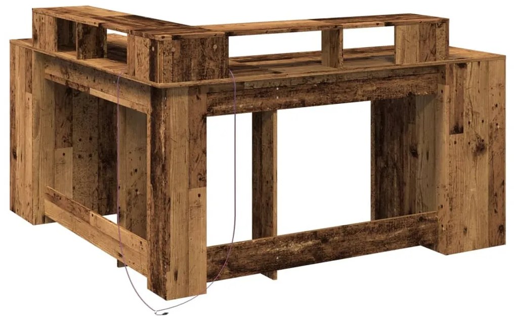 antik fa színű szerelt fa íróasztal LED-ekkel 152 x 152 x 91 cm