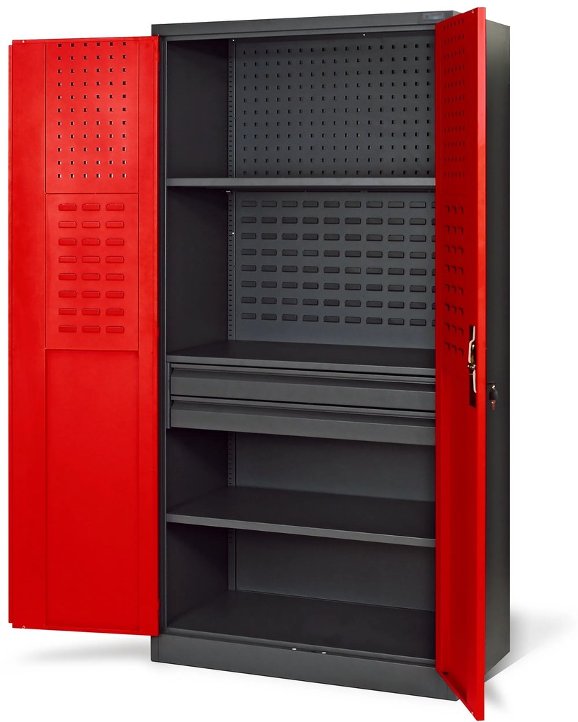 Fém műhelyszekrény fiókokkal SZYMON, 920 x 1850 x 500 mm, antracit-piros