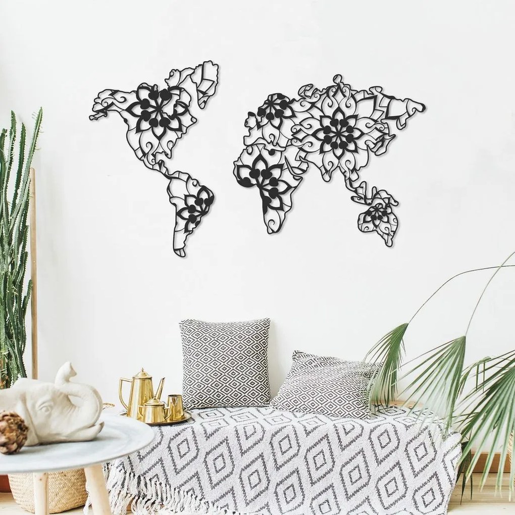 Fém fali dekoráció 103x60 cm, világtérkép mandala virággal, fekete - MONDE HINDU