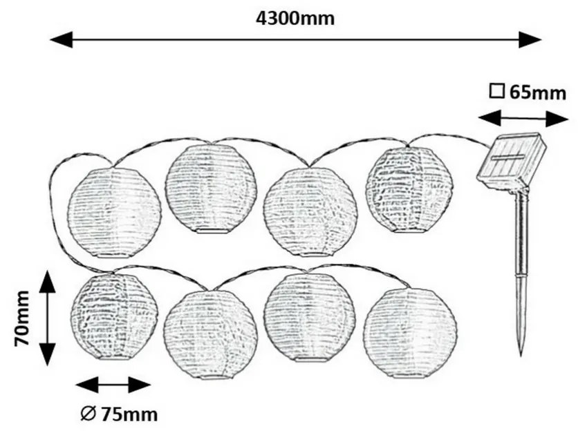 Rabalux 77048 Titu dekoratív napelemes LED-lánc 8 papírgömbbel