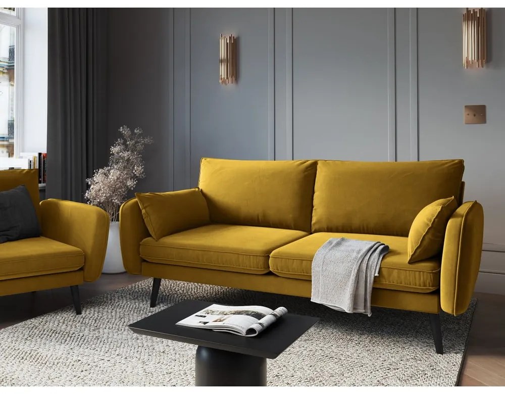 Lento sárga bársony kanapé fekete lábakkal, 198 cm - Kooko Home
