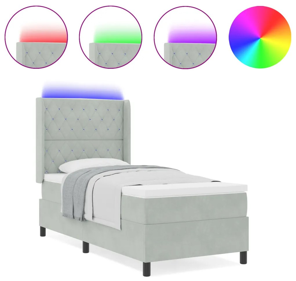 Boxspring Ágy Mattal és LED Fénnyel Szürke 90x190 cm Bársony