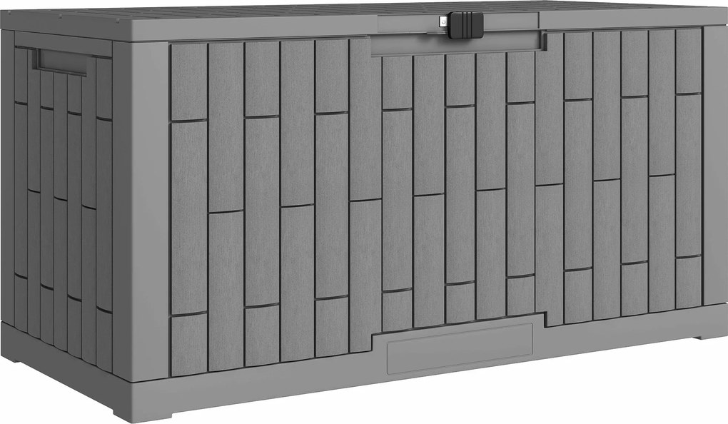 Outsunny 379 L zárható kültéri tárolódoboz gázrugóval — UV-álló, fahatású, kávébarna, 122,5 x 56 x 62 cm | Aosom
