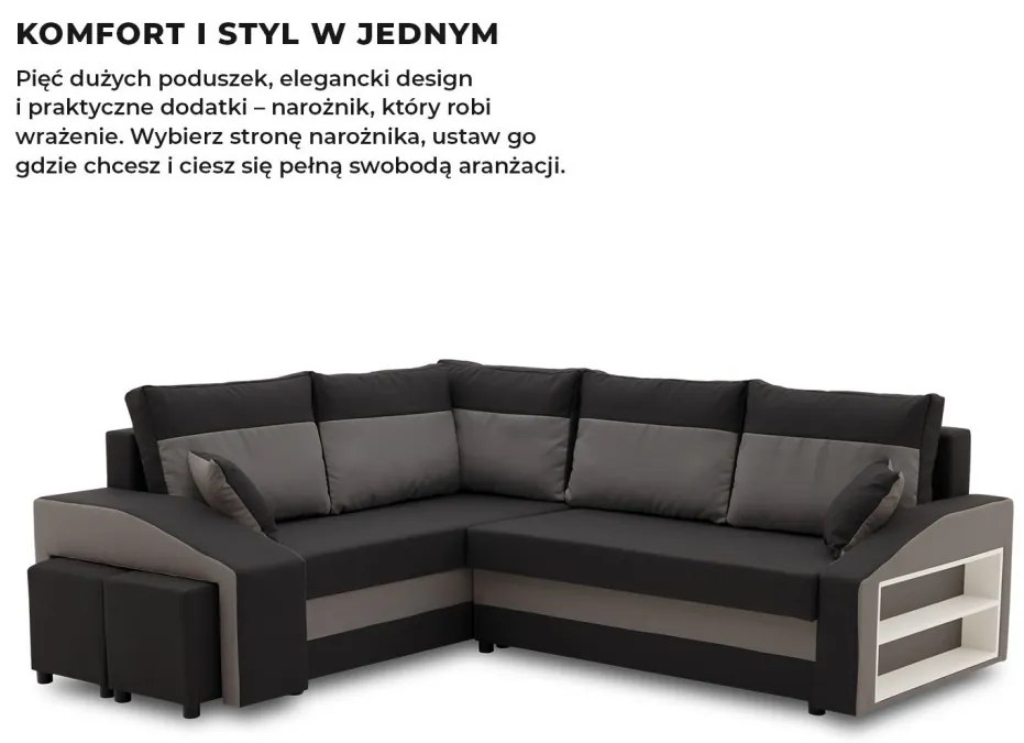Grande sarokkanapé polcokkal és puffokkal , polc a jobb karfaban puffok a bal karfaban, baloldali, szövet anyag, bonell töltet, fekete - szürke