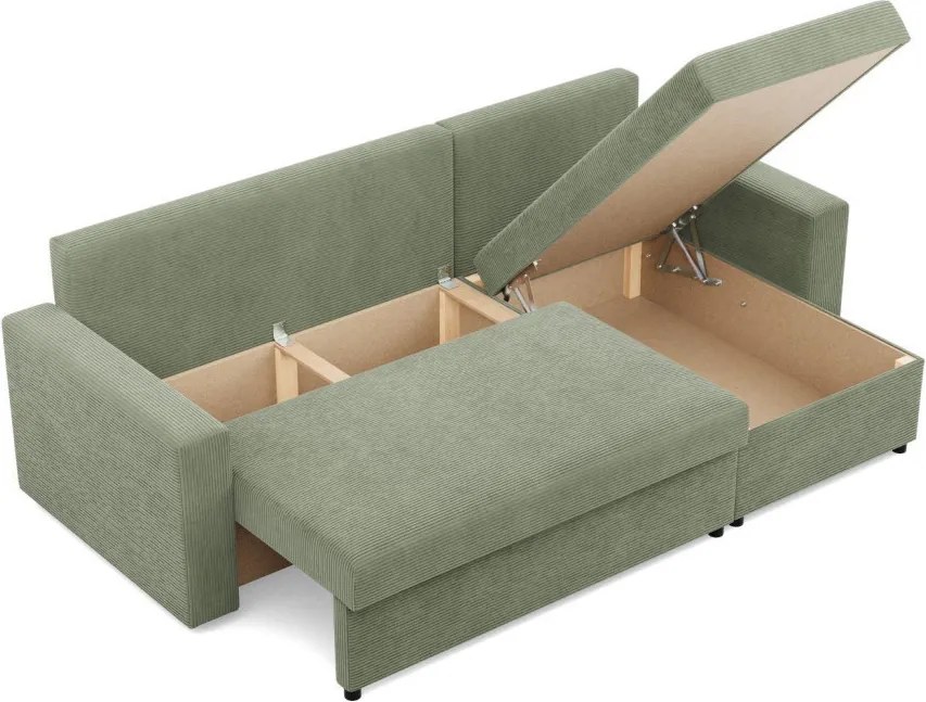 Zeus sarokkanapé, 2 ágyneműtartóval, egyenes kartámasz, kordbársony, univerzális oldal, hab töltet, zöld