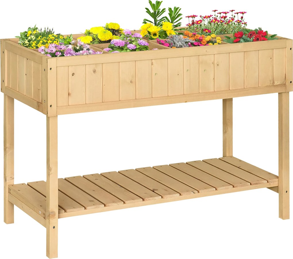 Outsunny Ültetőasztal Emelt Ágyás Vetődoboz 8 Rekesszel és Drainálós Polccal Szilárd Fenyő Fából Természetes 120 x 60 x 81 cm | Aosom