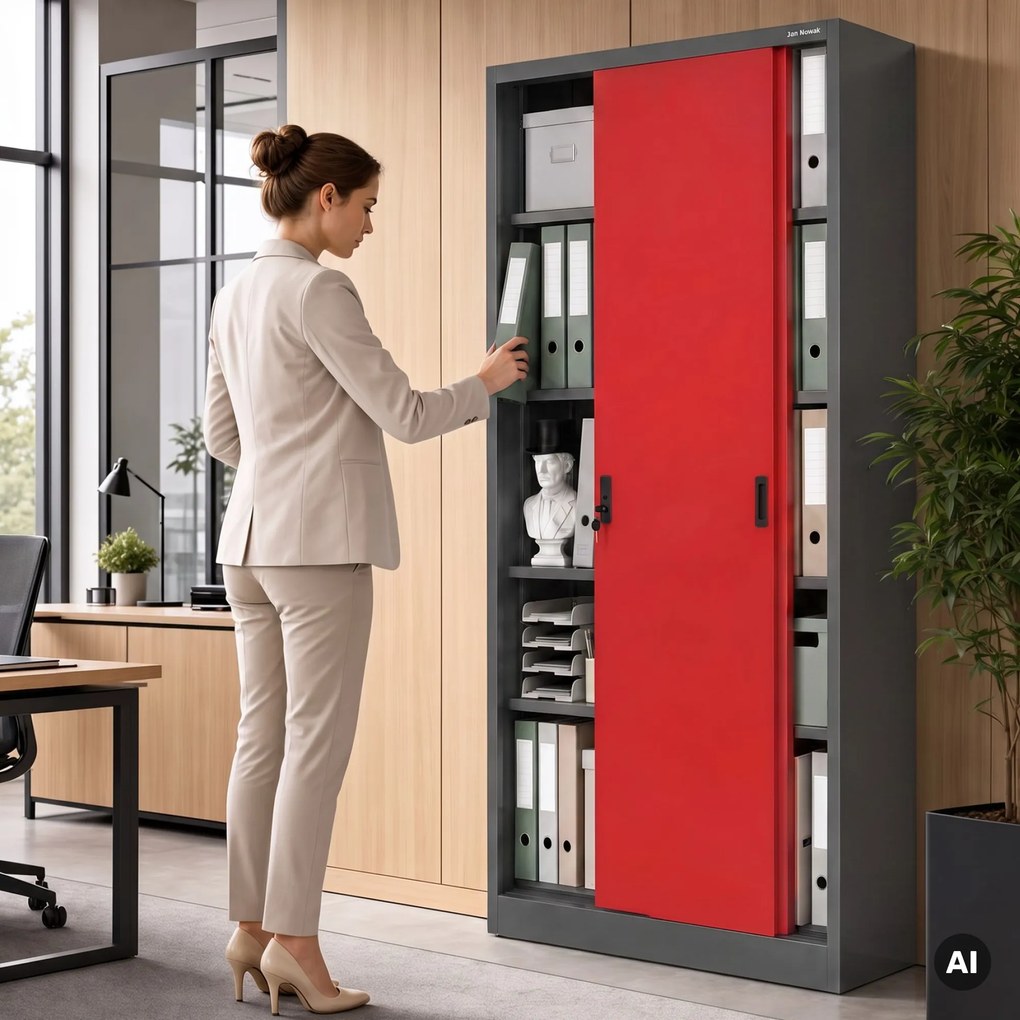 Fém irodai szekrény tolóajtókkal, antracit-piros, 900x1850x400 mm: KUBA