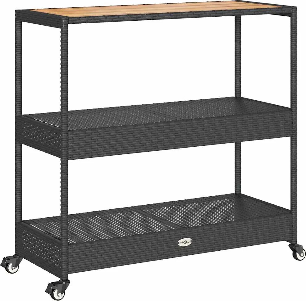 vidaXL 3 szintes fekete polyrattan és tömör akácfa zsúrkocsi