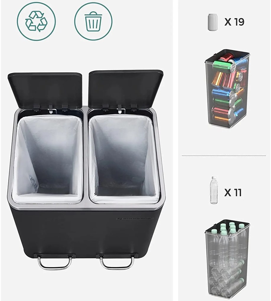 Légmentes acél szemetes, konyhai szemetes, 2 x 15 literes, fekete