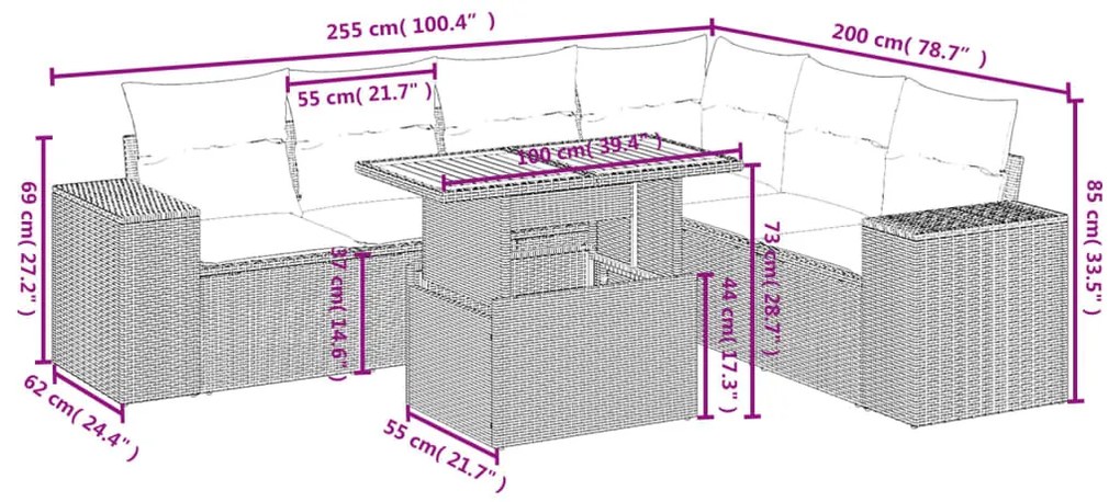 7 részes szürke polyrattan kerti ülőgarnitúra párnákkal