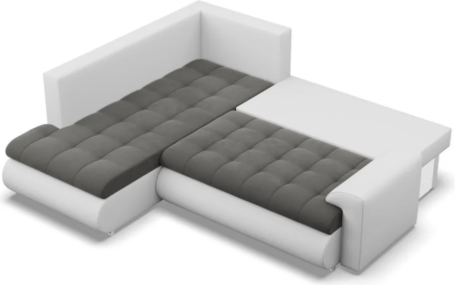 Tokio sarokkanapé, L alakú háttámlával, 2 ágyneműtartóval, bársony + műbőr, baloldali, szürke - fehér