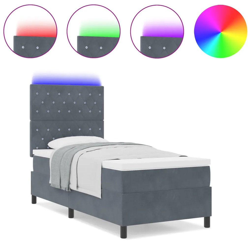 Boxspring Ágy Mattal & LED Sötétszürke 90x190 cm Bársony