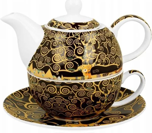 Porcelán egyszemélyes teáskészlet teáskanna és csésze aljjal Klimt Életfa
