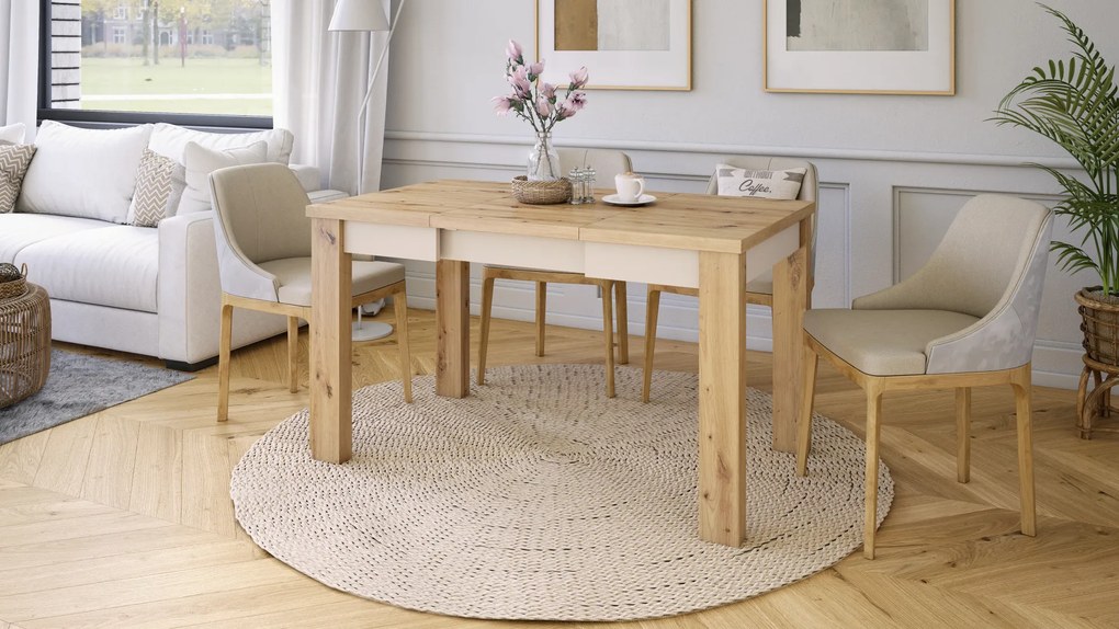 Mazzoni FONTE Artisan Tölgy / Bézs (Pezsgő) -KLASSZIKUS 130 cm-re BŐVÍTHETŐ ASZTAL KONYHÁBA/NAPPALIBA!