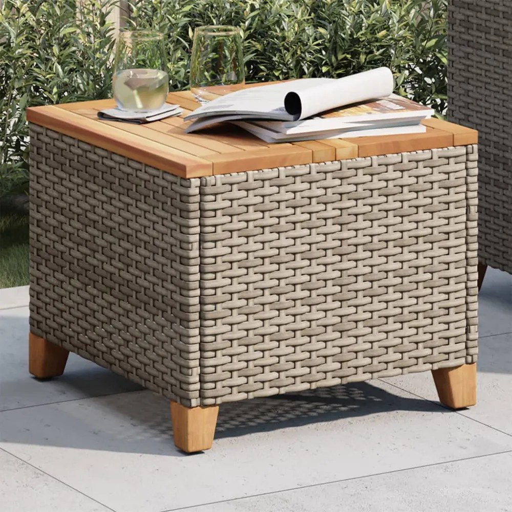 szürke polyrattan és akácfa kerti asztal 45 x 45 x 37 cm