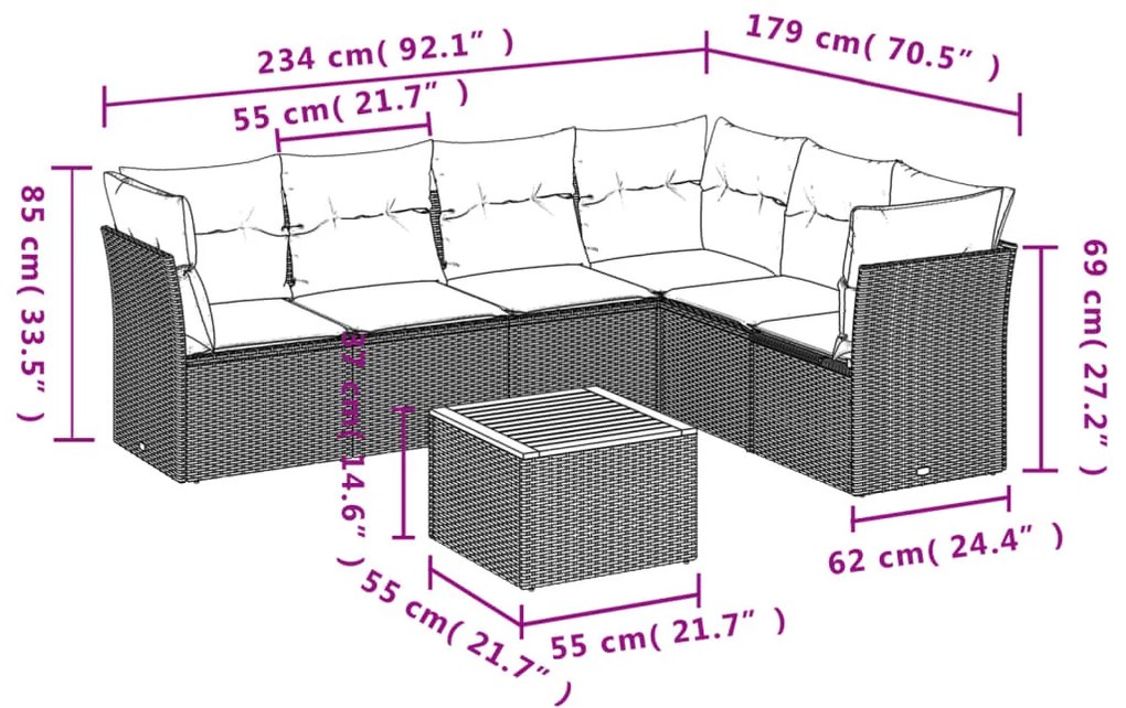 7 részes szürke polyrattan kerti ülőgarnitúra párnákkal